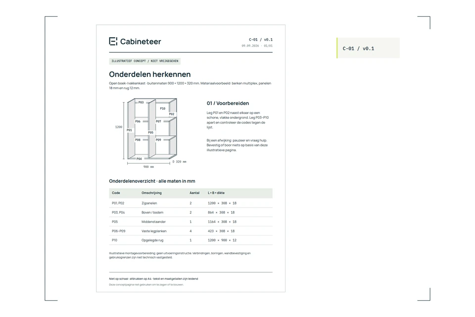 A4-pagina uit het digitale bouwpakket met een onderdelenoverzicht en een explosietekening van de kast